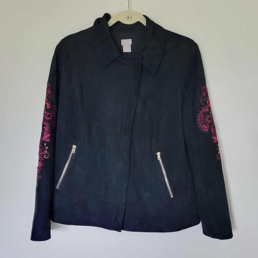 Chicos Sueded Embroidered-Sleeve Moto Jacket - Picture 4 of 11